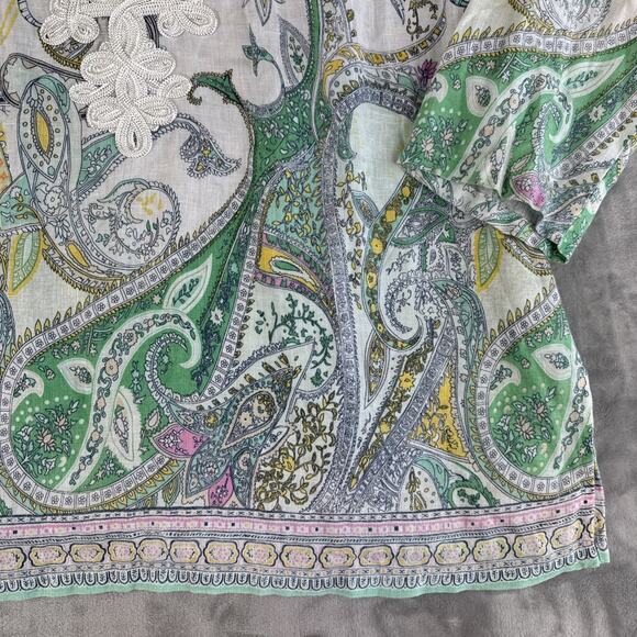 Charter Club Luxury Linen Tunic Top Women's S White Green Paisley Boho (1180) - Picture 4 of 11